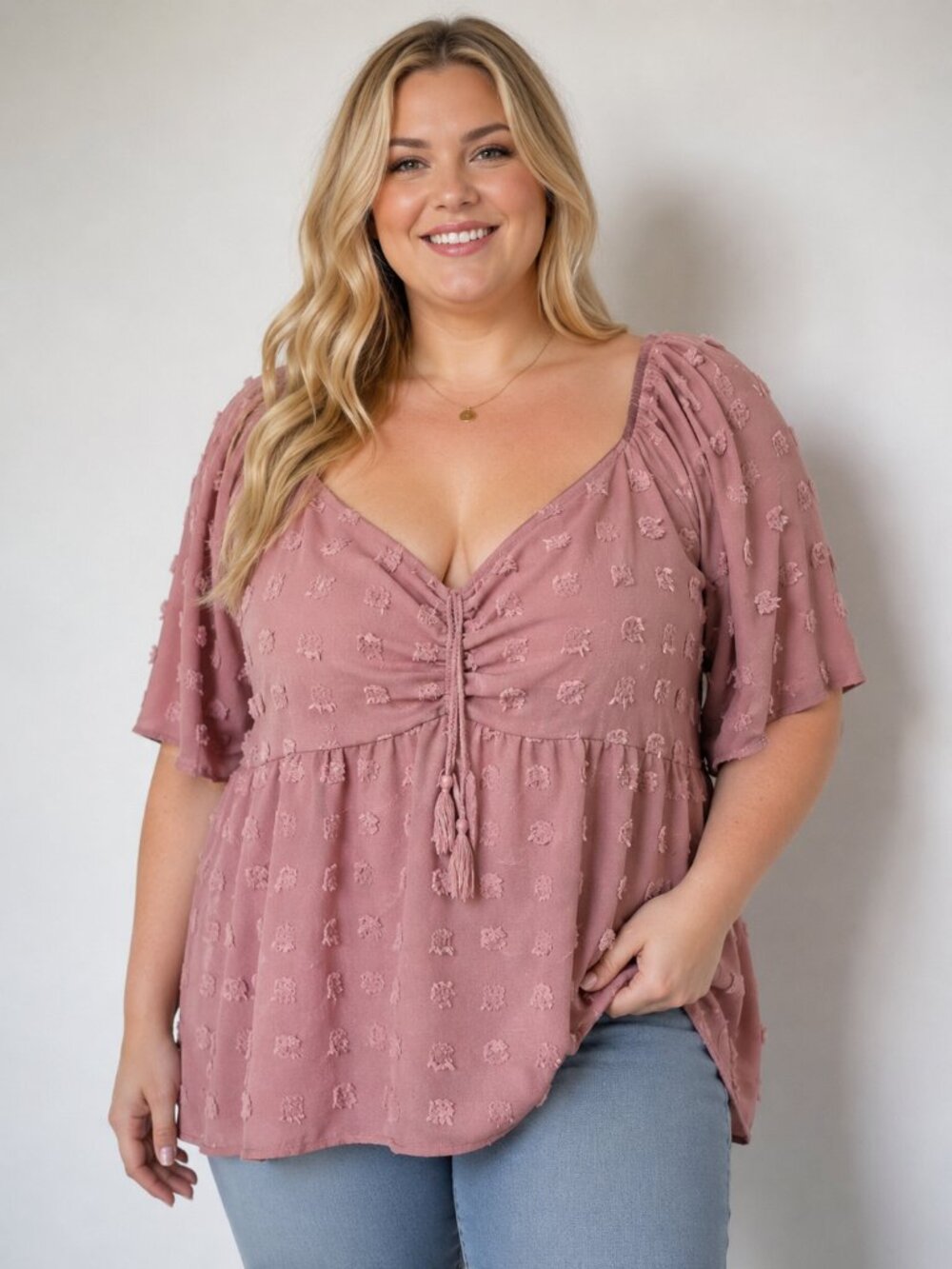 Shein Curve Dusty Rose Textured Tassel Blouse 2XL Boho Peasant Coquette Romantic